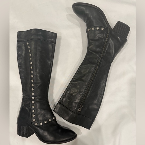 Kork -Ease Black Leather Silver Studded Tall Boots. Chuncky Heel Minor Flaws - Picture 2 of 11